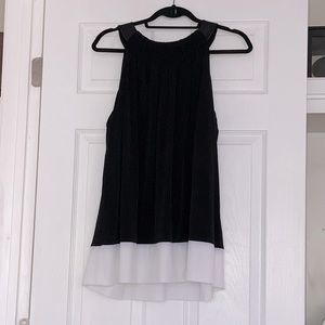NWT-Cute Draped Black Tank w/ White Placard Hem Gold and Pleather Detail
